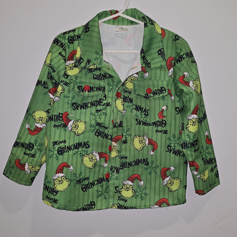 Green Grinch Print Button Up Shirt
